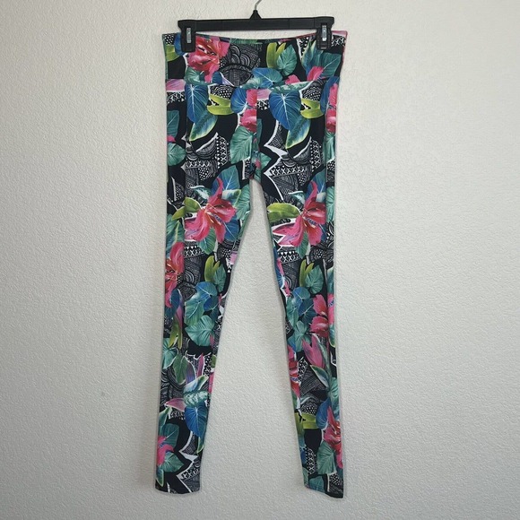 Onzie M/L Floral Palm Leaf Tropical Mid Rise Leggings Yoga Barre Athleisure Ab2 - Picture 5 of 6